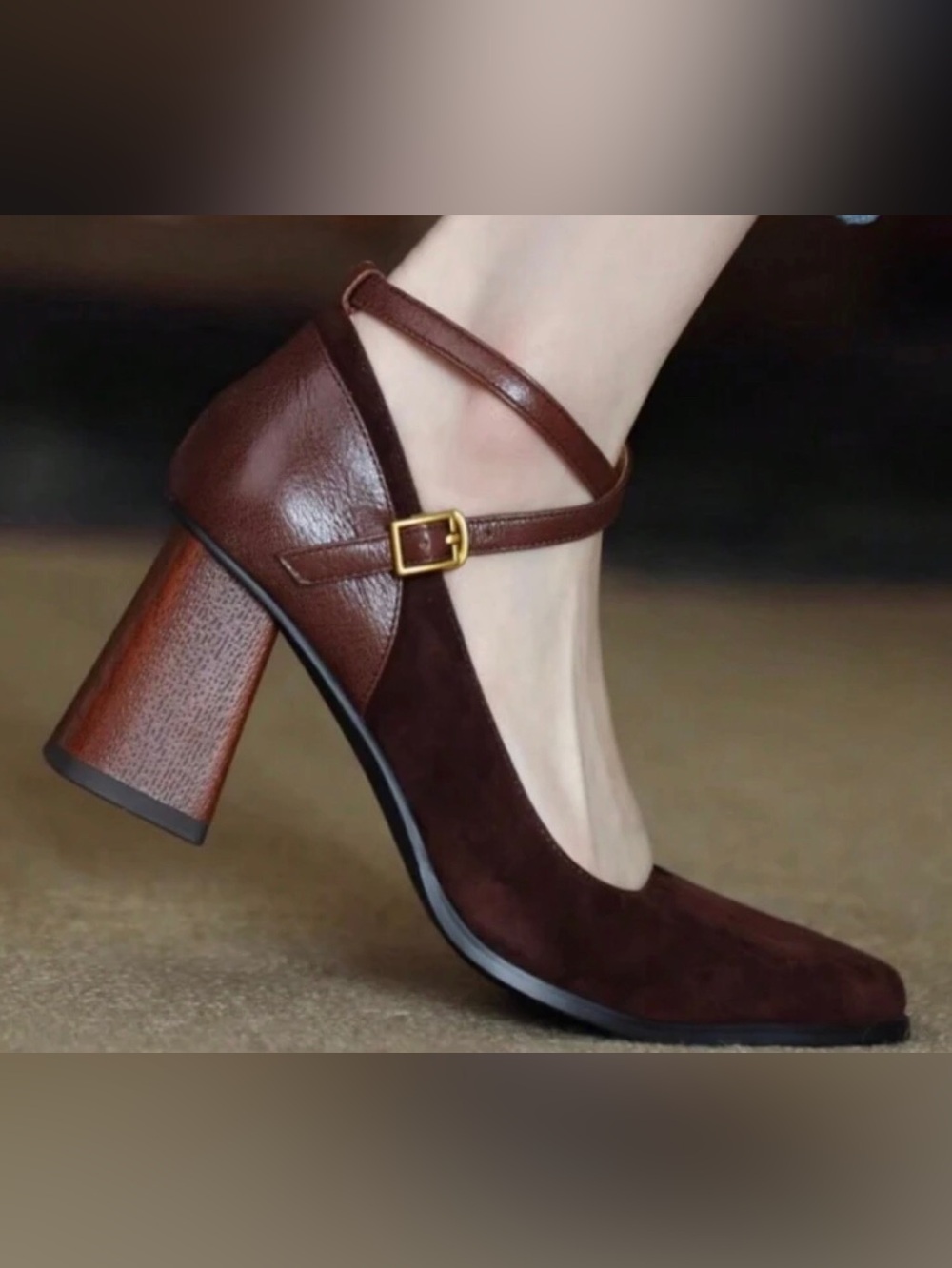 Women’s Brown Suede Cross Mary Jane Block Heel Pumps